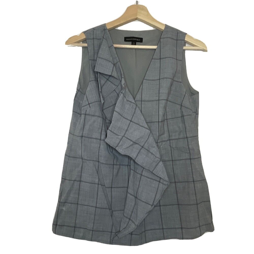 Banana Republic Women's Sz XS Sleeveless Ruffled Front Top Gray Windowpane Wool